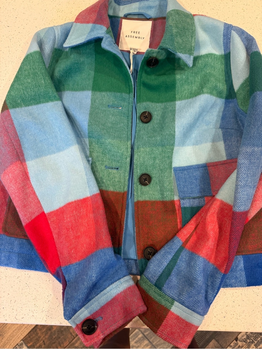 NWT. Free Assembly Women's Multicolor Plaid Pea Coat - Blue & Green